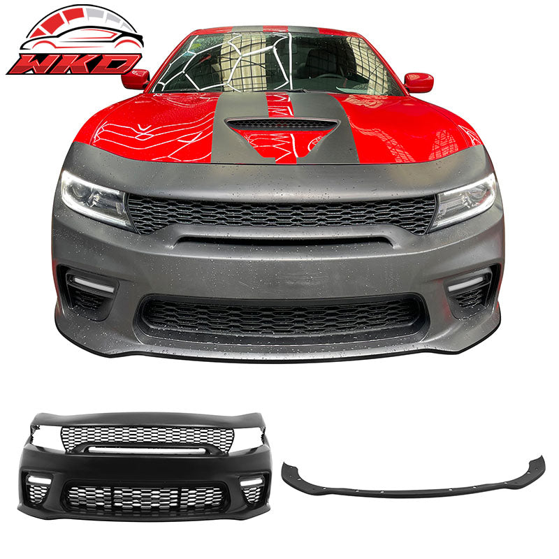Fits 15-23 Charger Upper Lower Grilles Front Bumper Cover Matte Black Lip LED PP