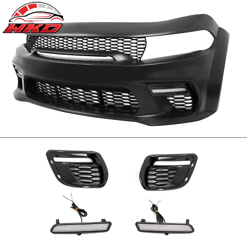 Fits 15-23 Charger Upper Lower Grilles Front Bumper Cover Matte Black Lip LED PP
