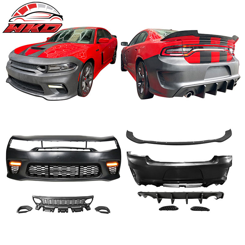 Fits 15-23 Charger SRT Upper Lower Grille Front Bumper W/ Matte Black Lip PP LED