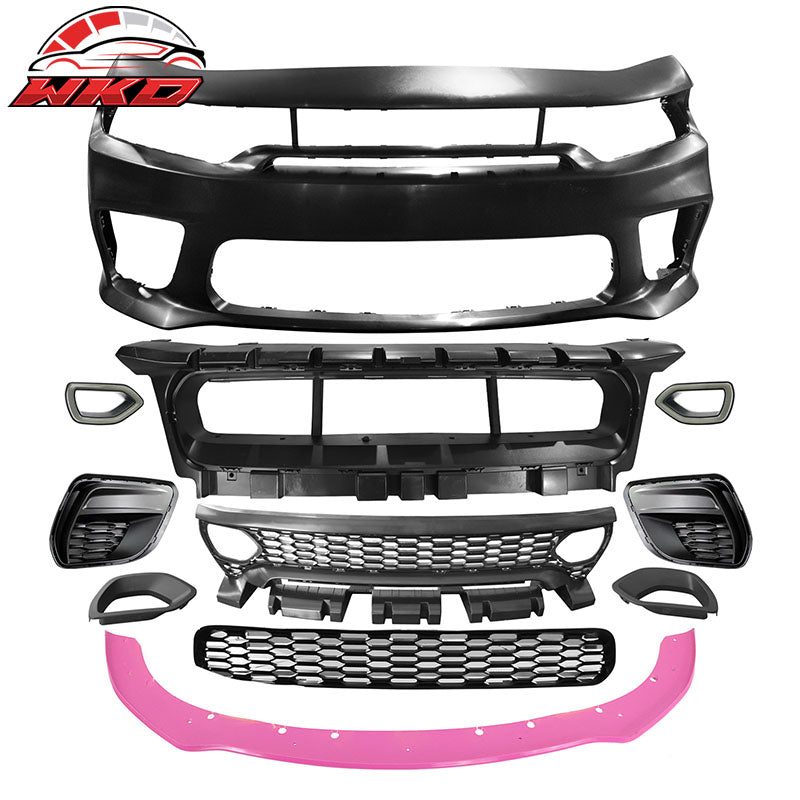Fits 15-23 Charger SRT Upper Lower LED Grilles Front Bumper Cover W/ Pink Lip PP
