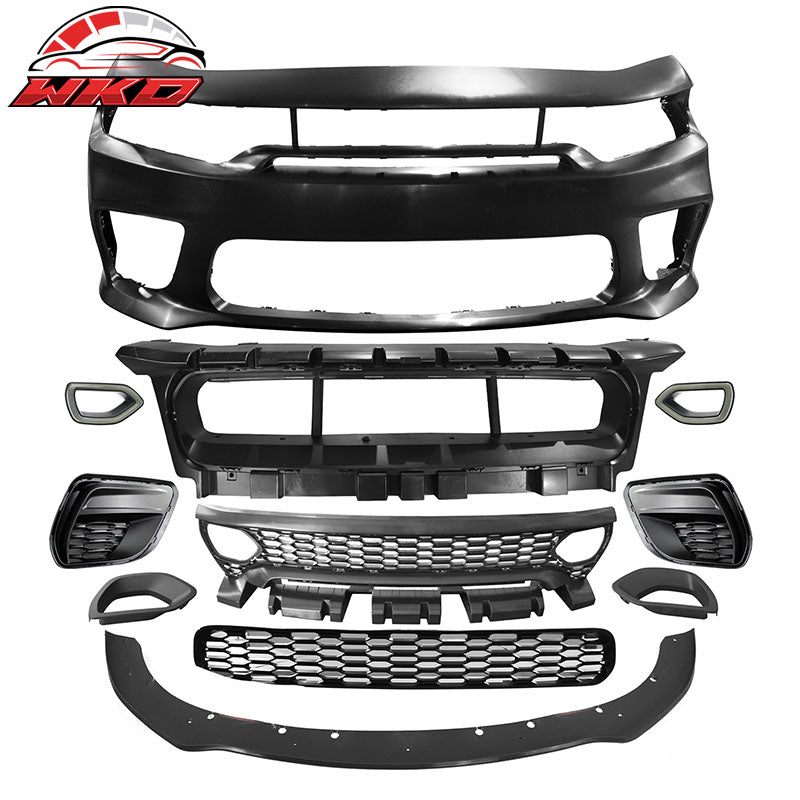 For 15-23 Charger SRT Upper Lower LED Grilles Bumper Cover W/ Matte Black Lip PP