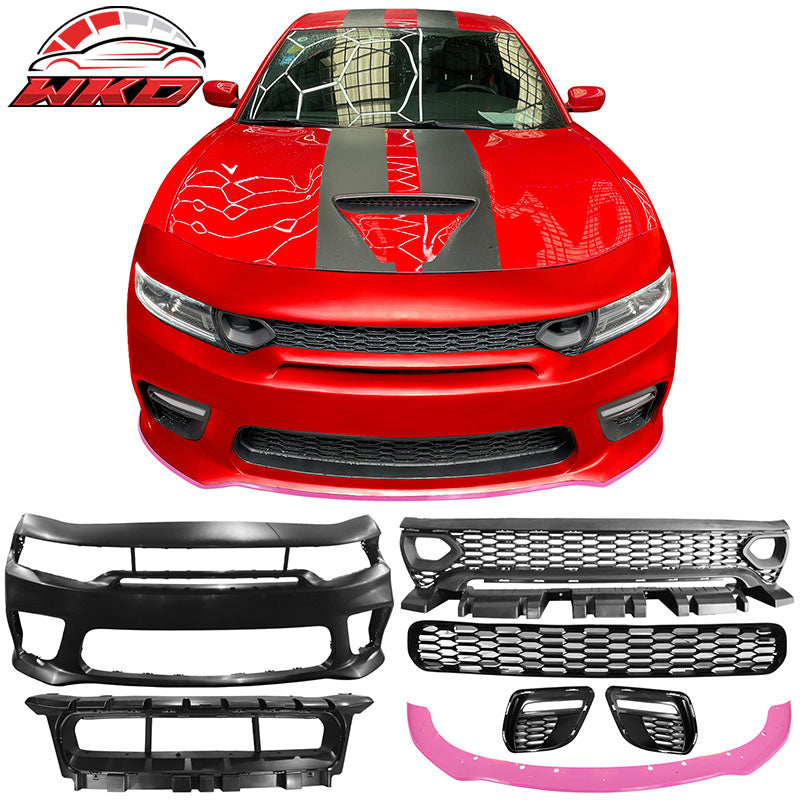Fits 15-23 Charger SRT Upper Lower Grilles Front Bumper Cover W/ Pink Lip LED PP