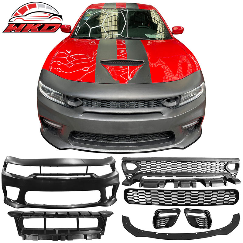 Fits 15-23 Charger SRT Upper Grilles Front Bumper Cover W/ Matte Black Lip LED
