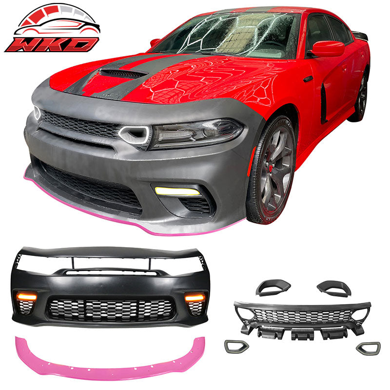 Fits 15-23 Charger SRT Upper Lower LED Grilles Front Bumper Cover W/ Pink Lip PP