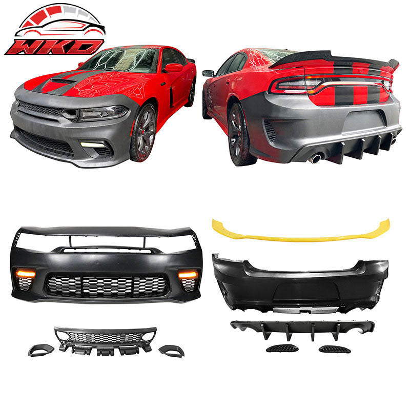 Fits 15-23 Charger SRT Upper Lower Grilles Front Bumper Cover Yellow Lip PP LED
