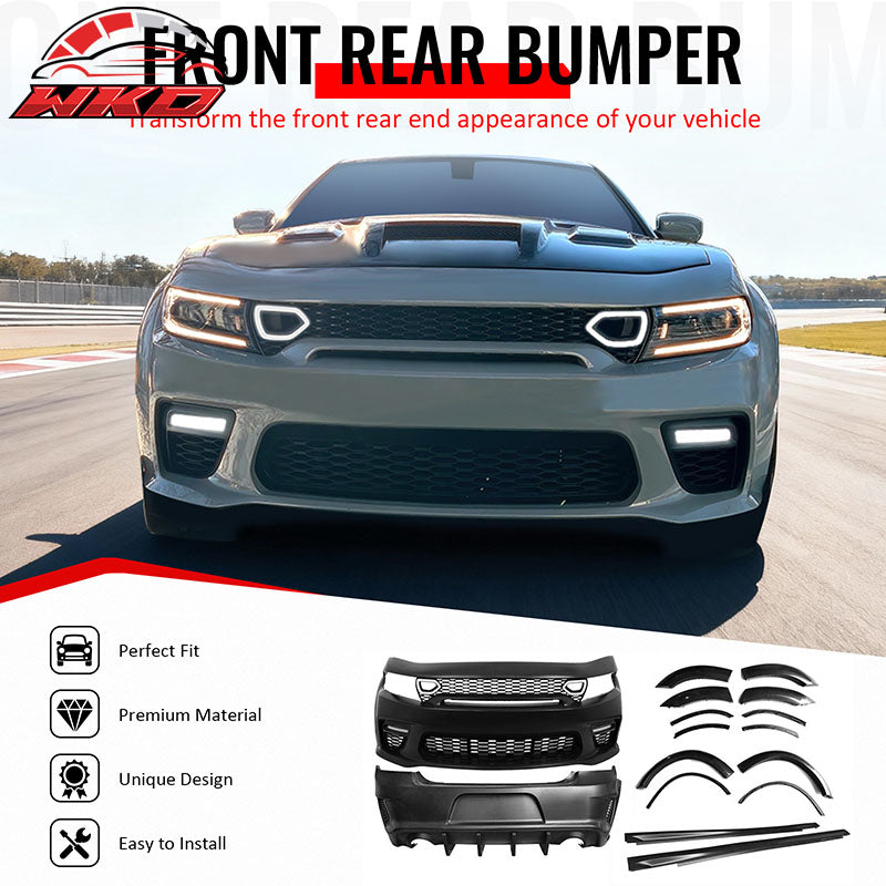 For 15-23 Charger Widebody LED Front Rear Bumper Cover W/ SRT Grille Matte Black