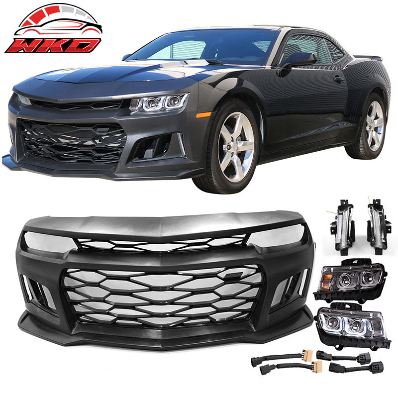 Fits 10-13 Camaro ZL1 Style Front Bumper Cover Conversion Chrome Headlights DRL