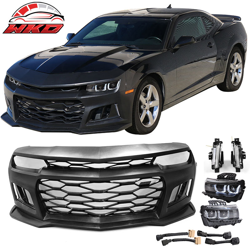 Fits 10-13 Camaro ZL1 Style Front Bumper Cover Conversion Black Headlights DRL