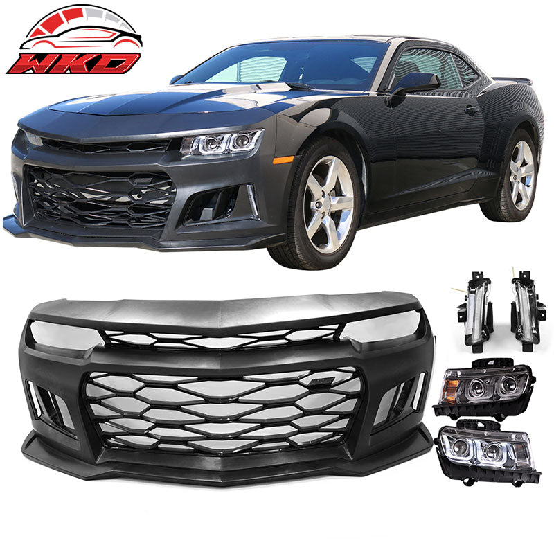 Fit 14-15 Chevy Camaro ZL1 Style Front Bumper Cover Chrome Headlight Fog Lights