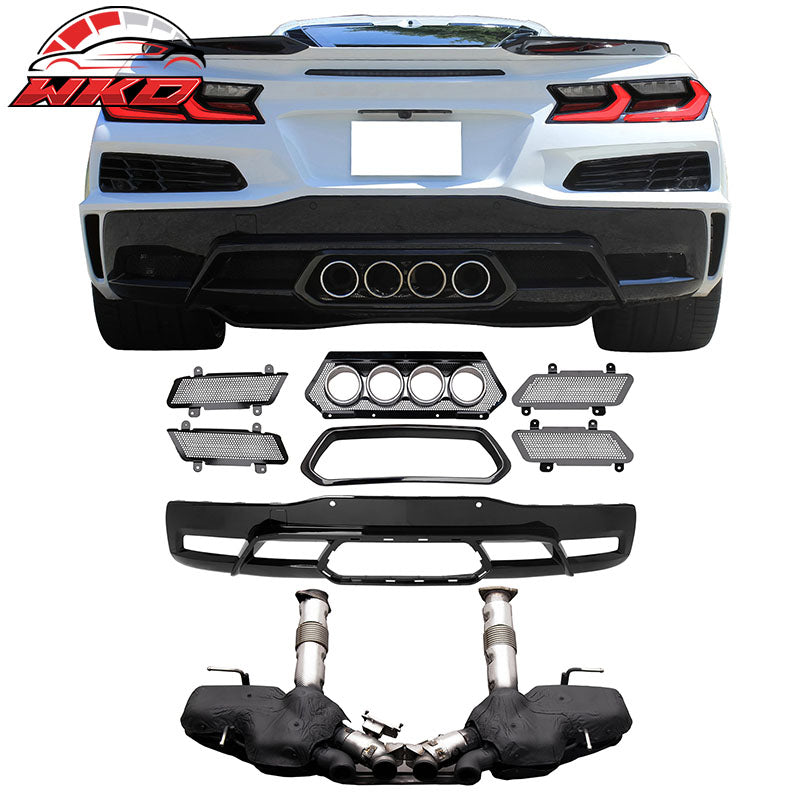 Fits 20-26 Chevy Corvette C8 Rear Diffuser Lip + Silver Quad Exhaust Muffler Kit