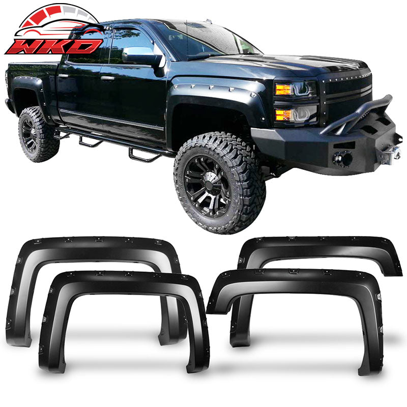 Fits 14-18 Silverado 1500 Long Bed Pocket Rivet Style Fender Flare 4PC Unpainted
