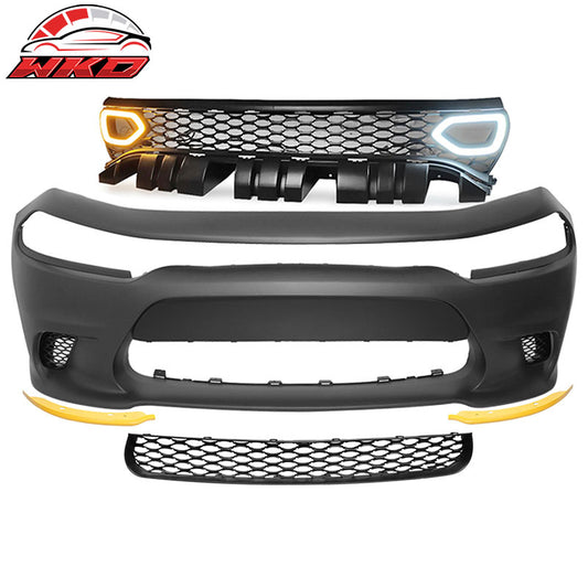 Wholesale 15-23 Dodge Charger Front Bumper Cover + Yellow Splitter + Grille w/ Lights