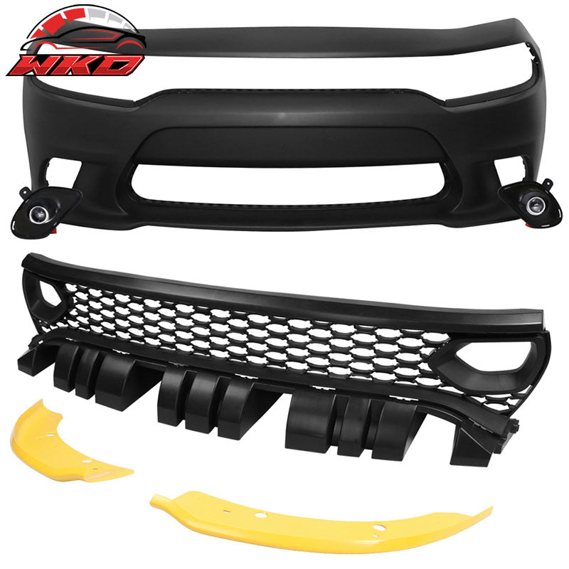 Fits 15-23 Dodge Charger Front Bumper + Foglights + Updated 2019 Style Grilles