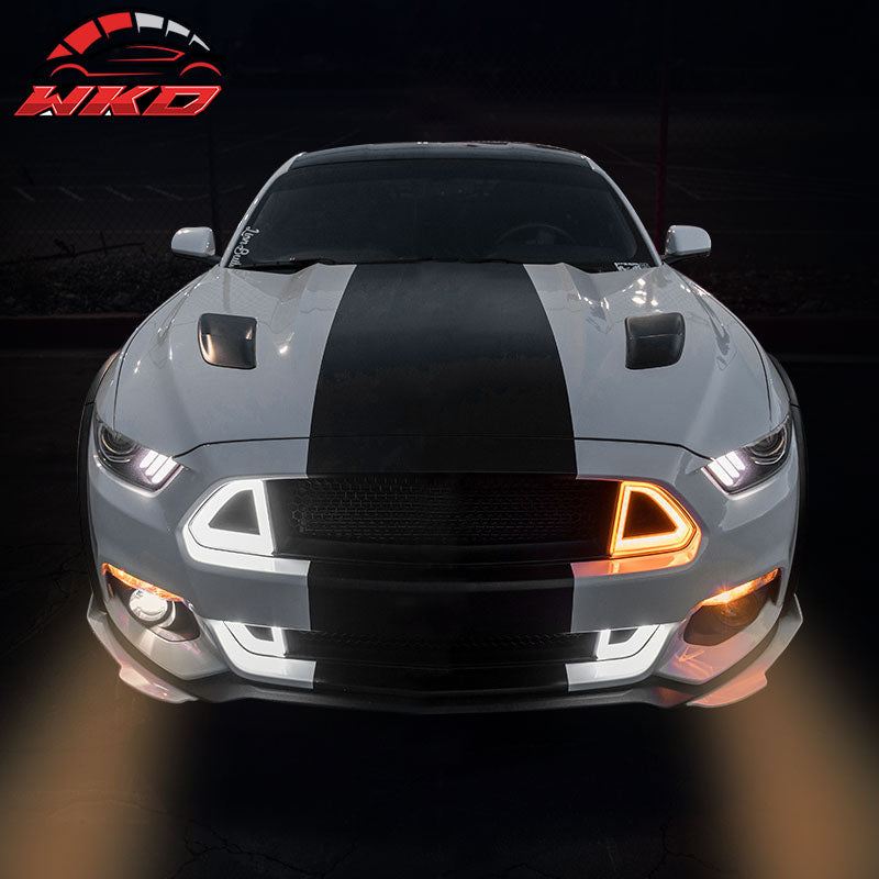 Fits 15-17 Mustang Front Hood Upper Grille White DRL LED With Amber Turn Signal