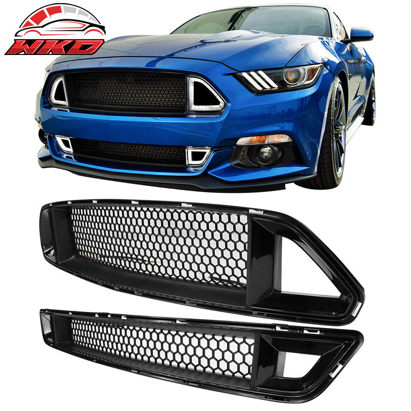 Fits 15-17 Mustang Front Upper + Lower Mesh Grille Smoked DRL LED W/ Turn Signal