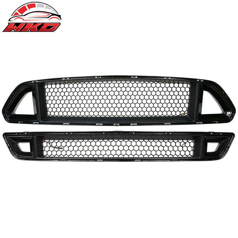 Fits 15-17 Mustang Front Upper + Lower Mesh Grille Smoked DRL LED W/ Turn Signal