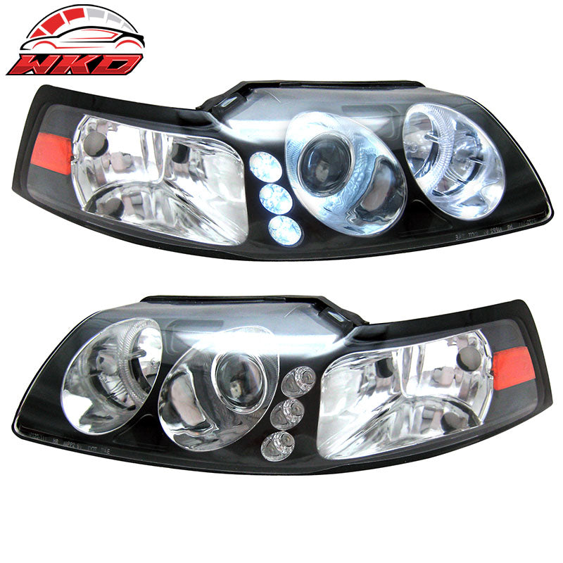 Fits 99-04 Ford Mustang Black Projector Headlights Lamps Amber Pair
