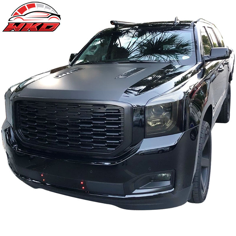 Fits 15-19 GMC Yukon Denali Style Front Upper Grille Unpainted ABS + Red Emblem
