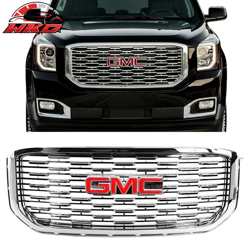 Fits 15-19 GMC Yukon Denali Style Front Upper Grille Chrome ABS + Red GMC Emblem