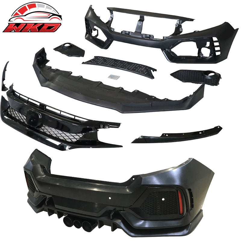 Fits 16-21 Honda Civic Sedan CTR Bumper + Lip +Grille Full Set Unpainted PP