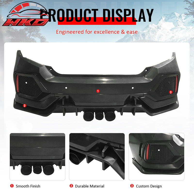 Fits 16-21 Honda Civic Sedan 4Dr 10th Gen CTR Type R Style Rear Bumper Cover PP