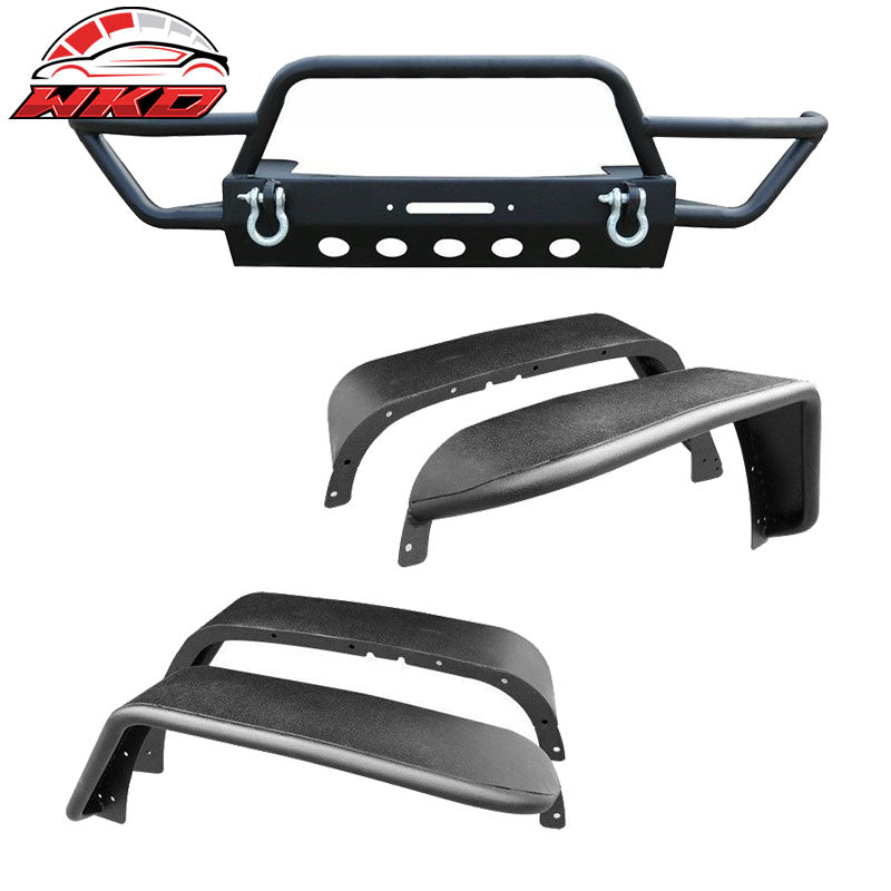 Wholesale 07-18 Jeep Wrangler JK Front Bumper Bull Bar Grille + Fender Flares Pair