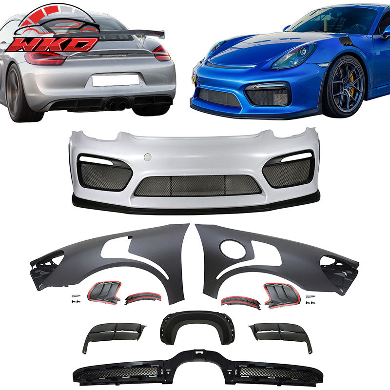 Fits 13-16 Cayman Boxster GT4 Style Front Bumper Cover + Fenders + Rear Diffuser