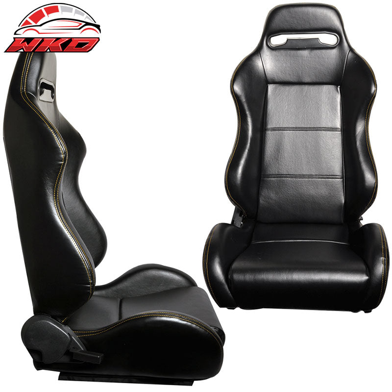 One Pair of Racing Seats JDM Style Black PVC Leather W/ Yellow Stitch