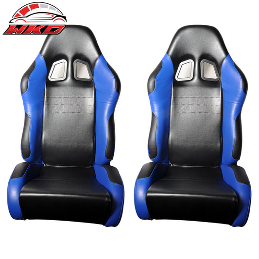 Wholesale One Pair of Racing Seats Black Blue PVC Leather Full Reclinable W/ Slider