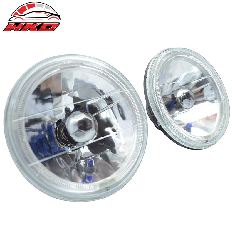 Fits 7 Inch Round Chrome Clear Housing White Halo Headlights & H4 Lamp 2PCS