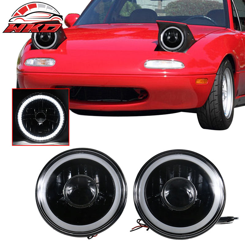 7" Round Black Chrome H4 SMD LED Halo Glass Headlight Head Lamps Conversion Pair