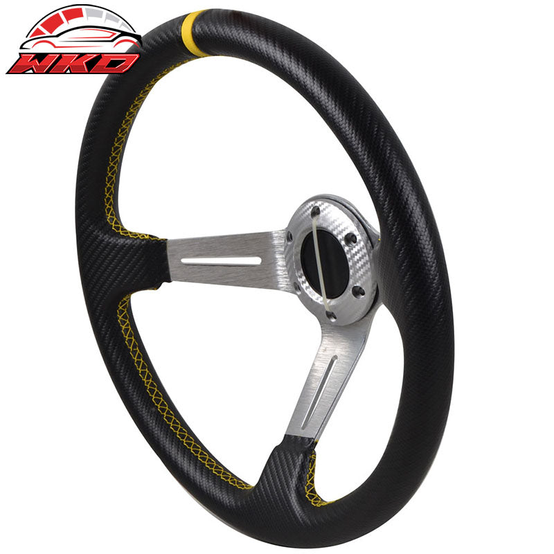 Universal 350MM Steering Wheel 6 Hole Silver Spoke Yellow & Black Emblem