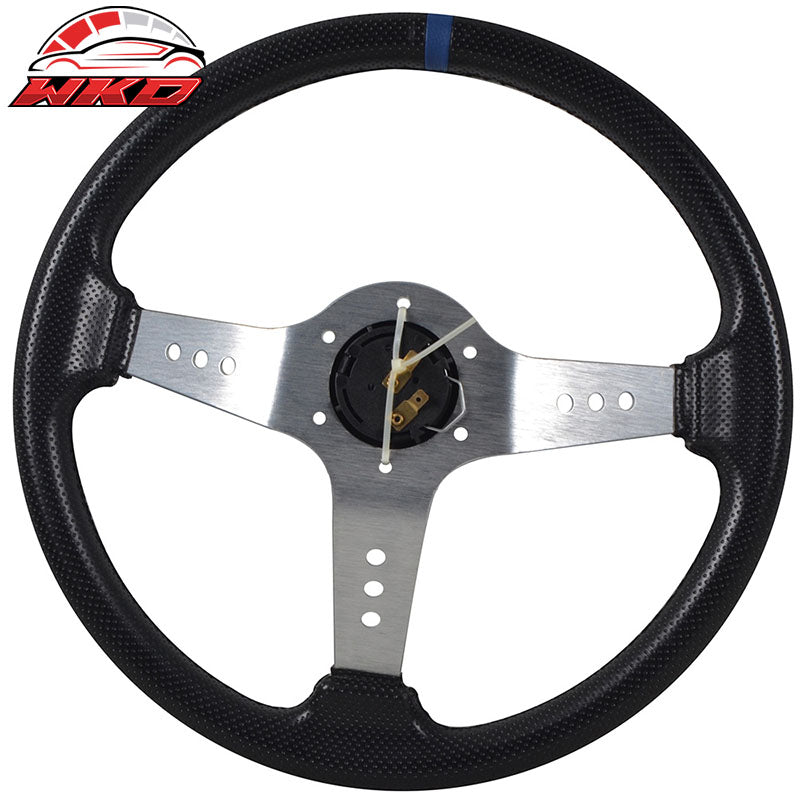 Wholesale Universal 350MM 6 Hole Steering Wheel Deep Dish Silver Spoke Horn & Black Emblem - Wikond Auto