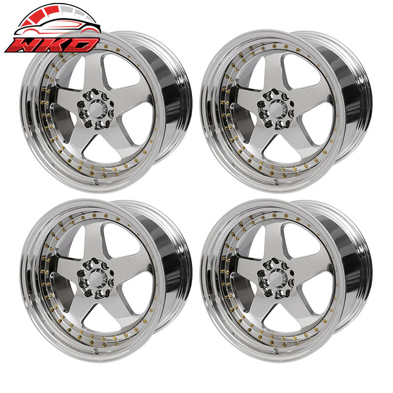 (4) 18X9.0 +30 5X100 / 5X114.3 Step Lip 5 Spoke Wheels Rim Replacement - Chrome