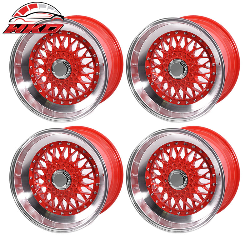 (4) 17X10 +30 5X100 / 5X114.3 Step Lip Deep Dish Mesh Wheels Rim Kit Red